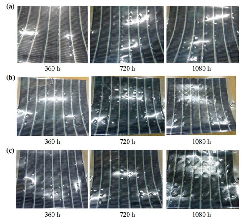 隨著在QUV紫外老化試驗(yàn)箱中進(jìn)行老化測(cè)試時(shí)間的推移，OSCs產(chǎn)生氣泡狀和顏色發(fā)生變化