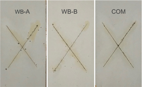 圖 7顯示了 MC #1、MC #2 和 MC #3 系統(tǒng)在鹽霧試驗(yàn)約 1000 小時(shí)后和使用 800 粒度砂紙去除表面銹跡后的面板圖像