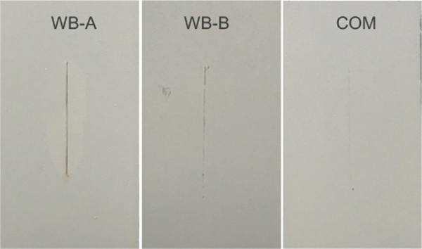 圖10 顯示了 MC #1、MC #2 和 MC #3 系統(tǒng)在鹽霧試驗(yàn)約1000 小時(shí)后應(yīng)用于不銹鋼基材的面板圖像。三個(gè)系統(tǒng)均未觀察到起泡或分層。