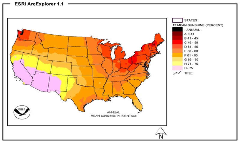 圖5顯示美國(guó)大陸的平均或平均總?cè)照招畔? /></p><p>表1:ASTM D4355和D7238 500小時(shí)實(shí)驗(yàn)室測(cè)試的等效室外紫外線輻照度。</p><p style=