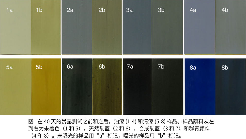 圖1 在 40 天的暴露測試之前和之后，油漆 (1-4) 和清漆 (5-8) 樣品。