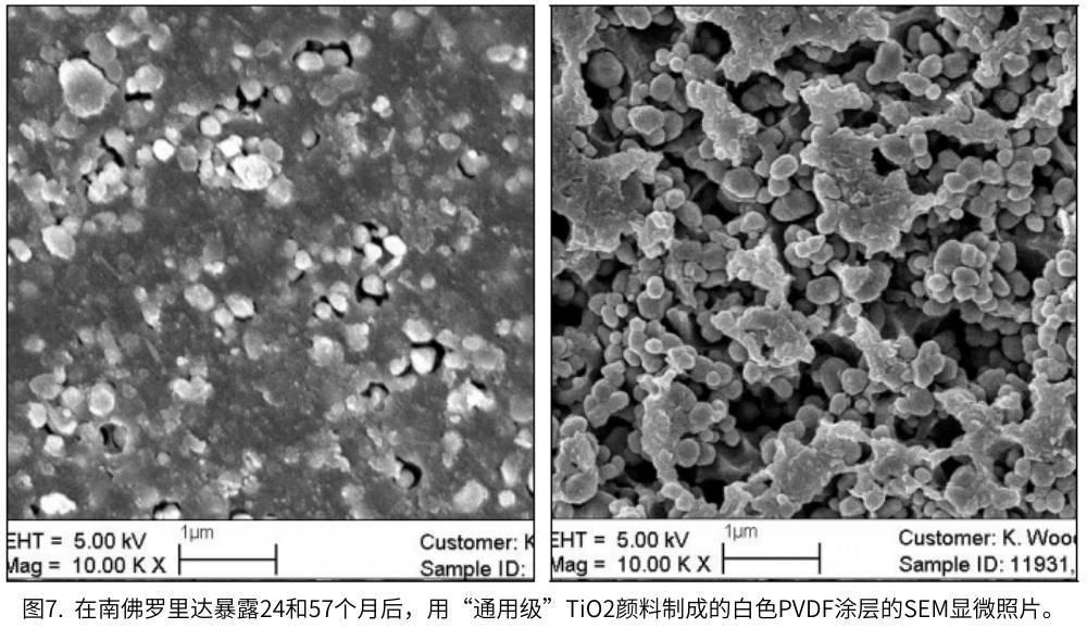 圖7.  在南佛羅里達暴露24和57個月后，用“通用級”TiO2顏料制成的白色PVDF涂層的SEM顯微照片